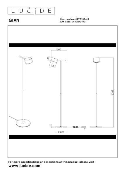 Lucide GIAN - Stehlampe - LED Dim. - 1x9W 2700K - Taupe - technisch